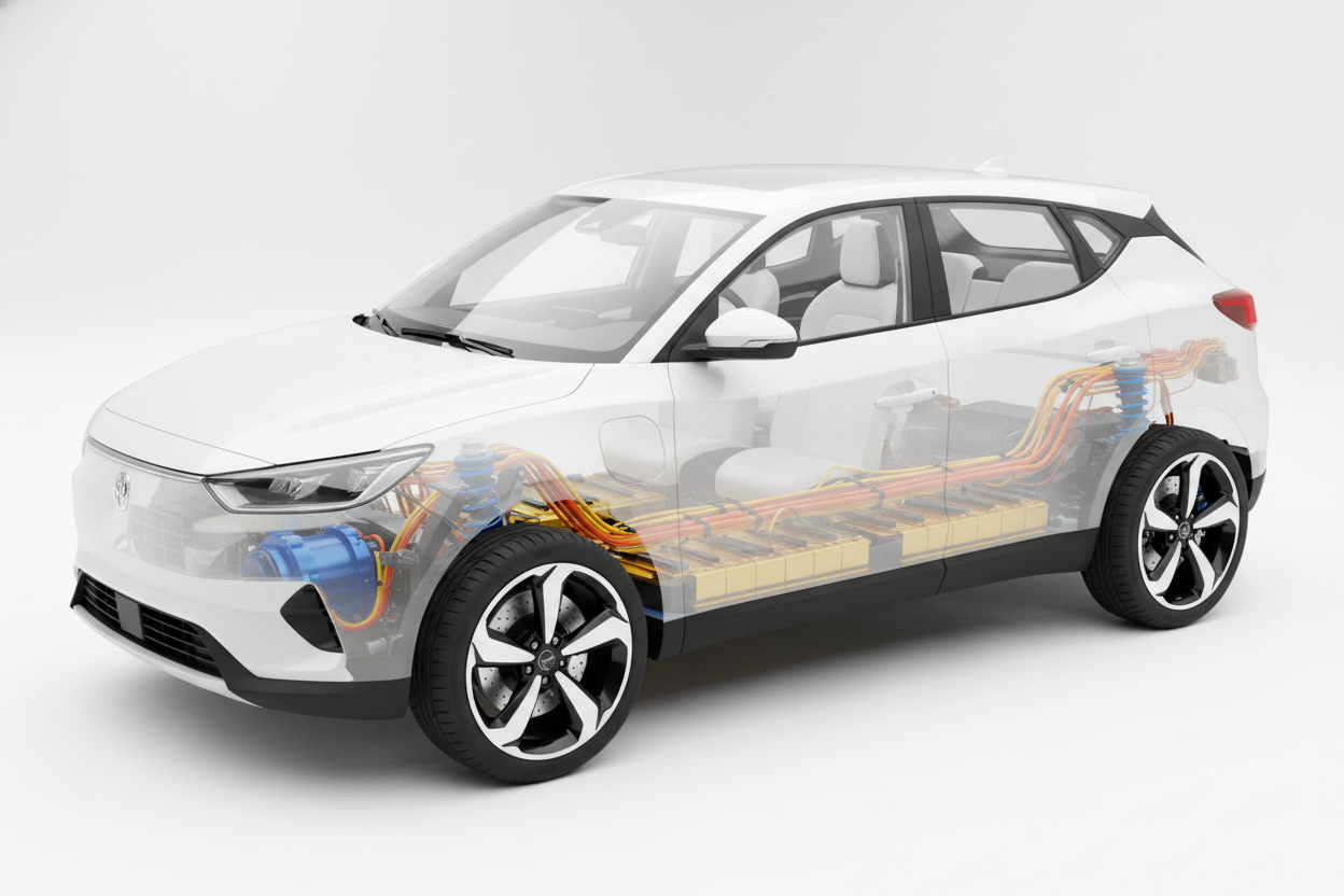 Transparent car showing internal auto parts